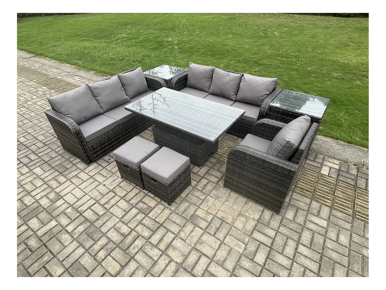 Polyrattan Gartenmöbel-Sets höhenverstellbarer Tisch Sofa Set mit 2 Beistelltischen Liegestühle 2 kleine Fußhockern