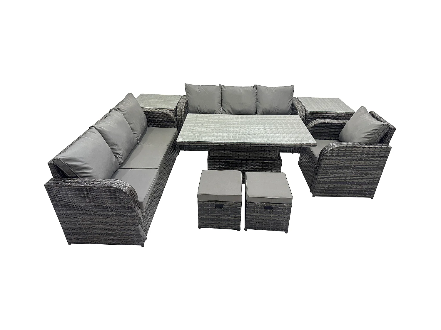 Ensemble de meubles de jardin en polyrotin Table à manger réglable en hauteur Canapé avec 2 Tables d'appoint Chaise inclinable 2 Petits tabourets