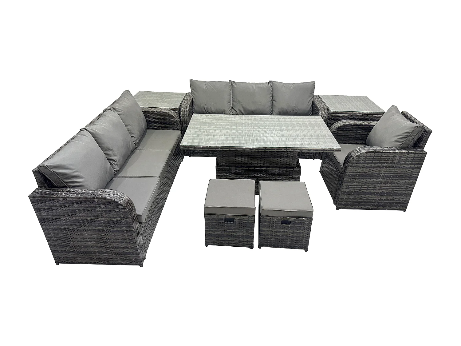 Polyrattan Gartenmöbel-Sets höhenverstellbarer Tisch Sofa Set mit 2 Beistelltischen Liegestühle 2 kleine Fußhockern