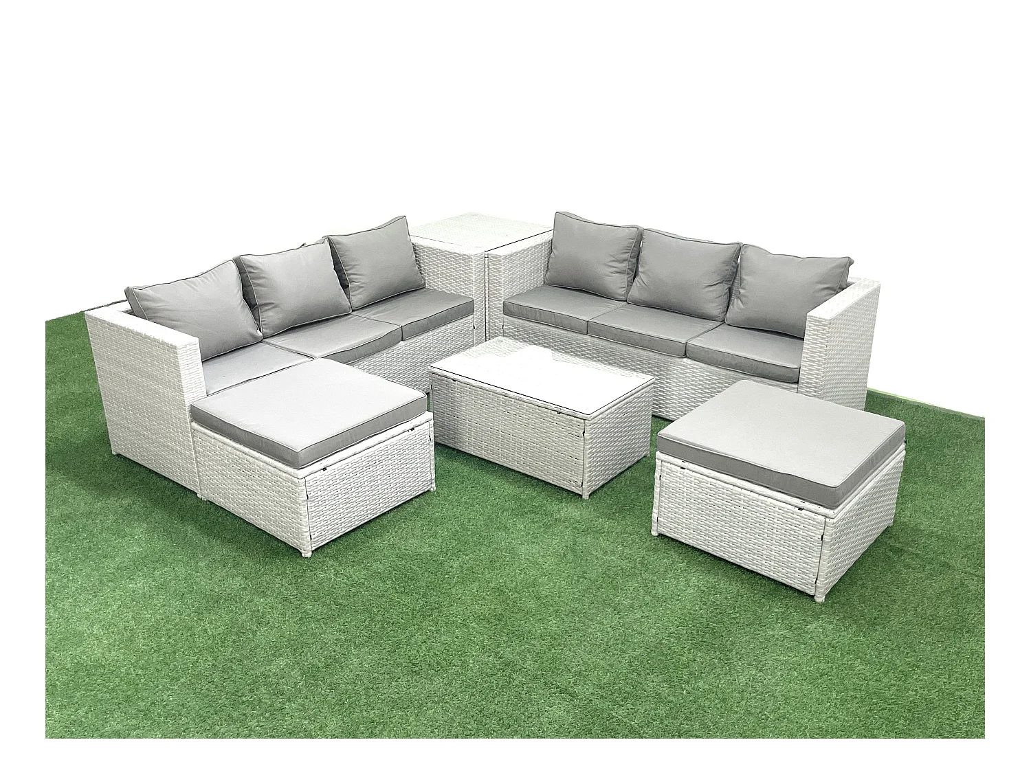 Ensemble de meubles d'extérieur en rotin 8 places avec 2 Grand tabourets Table d'appoint Gris clair mixte