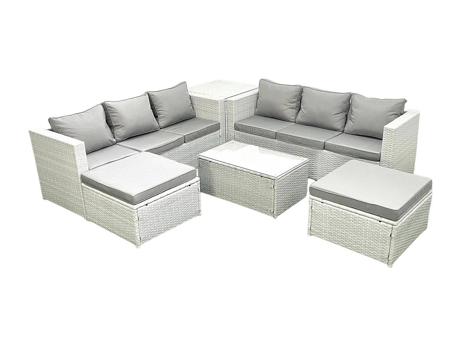 Ensemble de meubles d'extérieur en rotin 8 places avec 2 Grand tabourets Table d'appoint Gris clair mixte