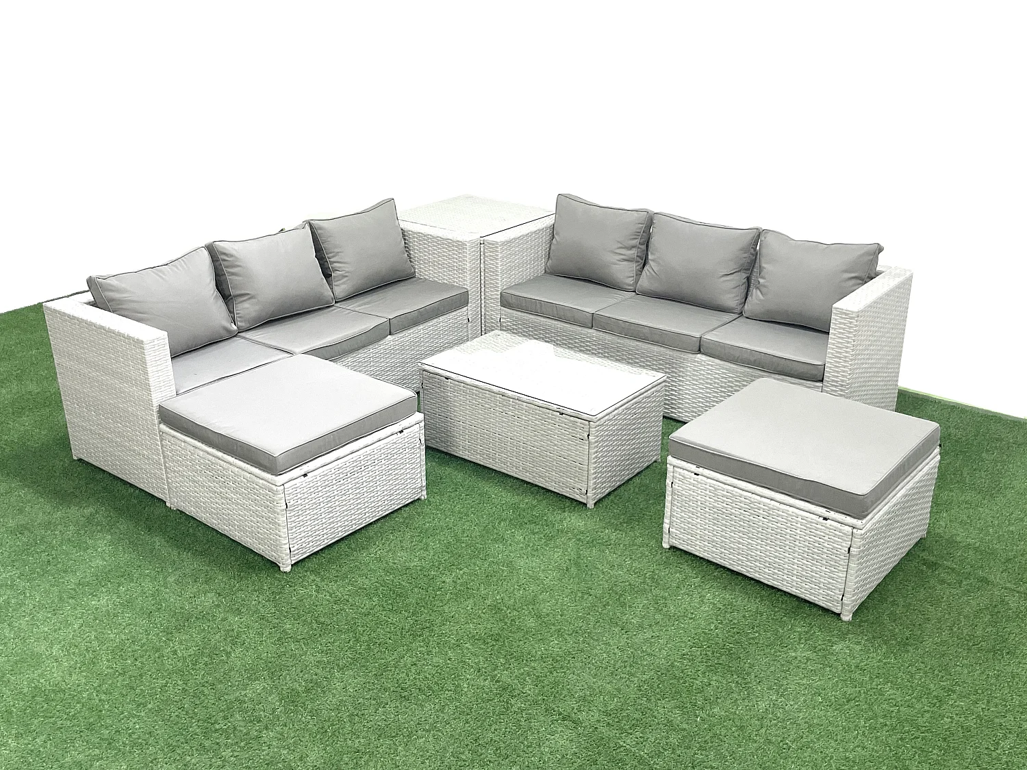 Ensemble de meubles d'extérieur en rotin 8 places avec 2 Grand tabourets Table d'appoint Gris clair mixte