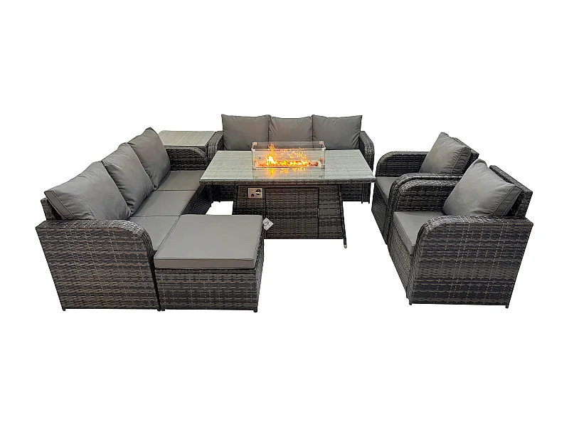 Polyrattan Gartenmöbel Set Garten Sofa im Freien Gasfeuerstelle Esstisch und Sofa set mit Sessel Beistelltisch 2 Großer Hockern