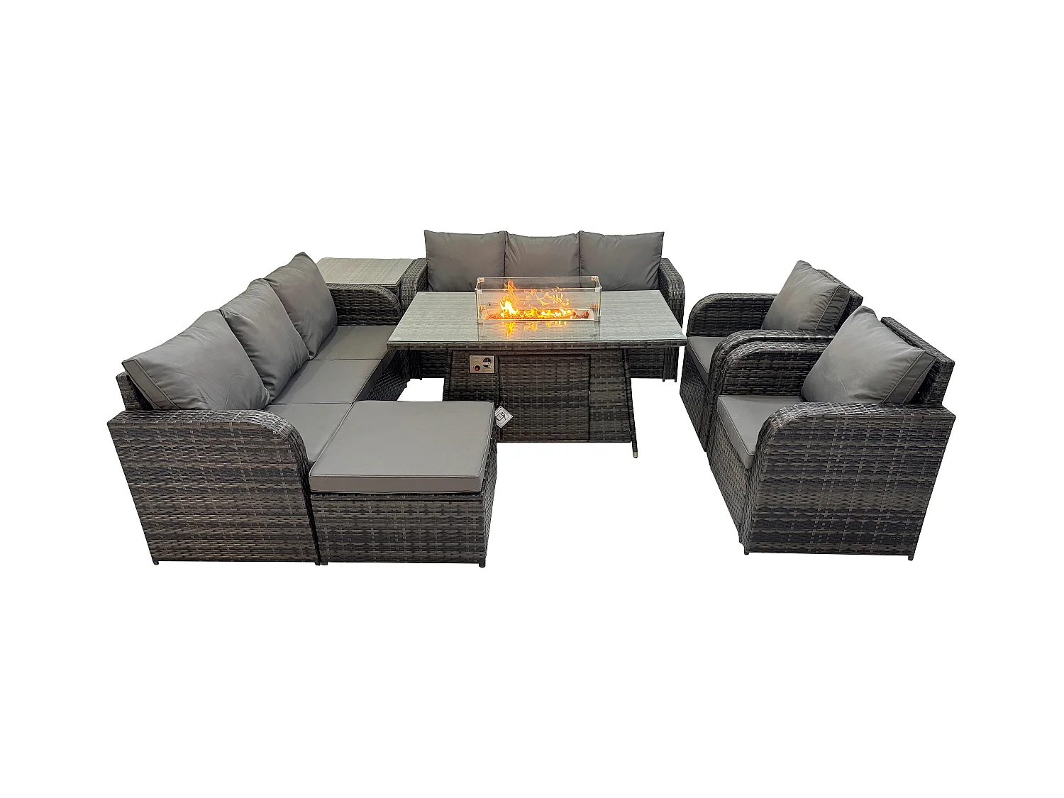 Polyrattan Gartenmöbel Set Garten Sofa im Freien Gasfeuerstelle Esstisch und Sofa set mit Sessel Beistelltisch 2 Großer Hockern