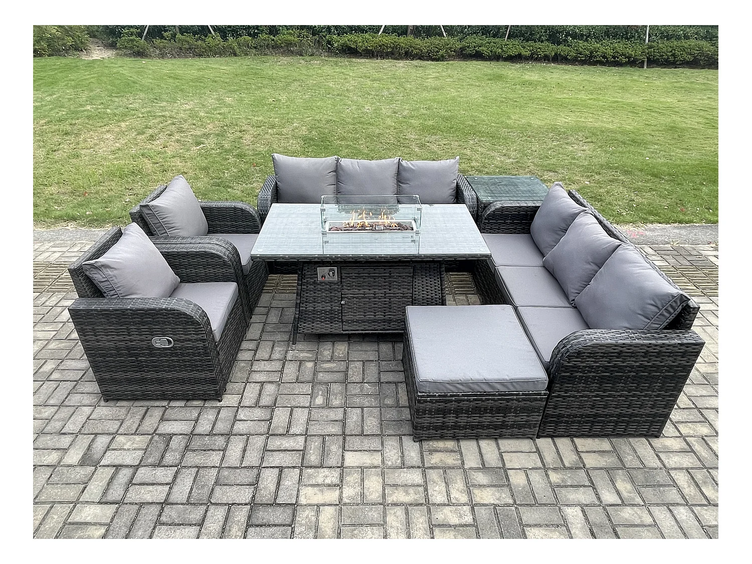 Polyrattan Gartenmöbel Set Garten Sofa im Freien Gasfeuerstelle Esstisch und Sofa set mit Sessel Beistelltisch 2 Großer Hockern