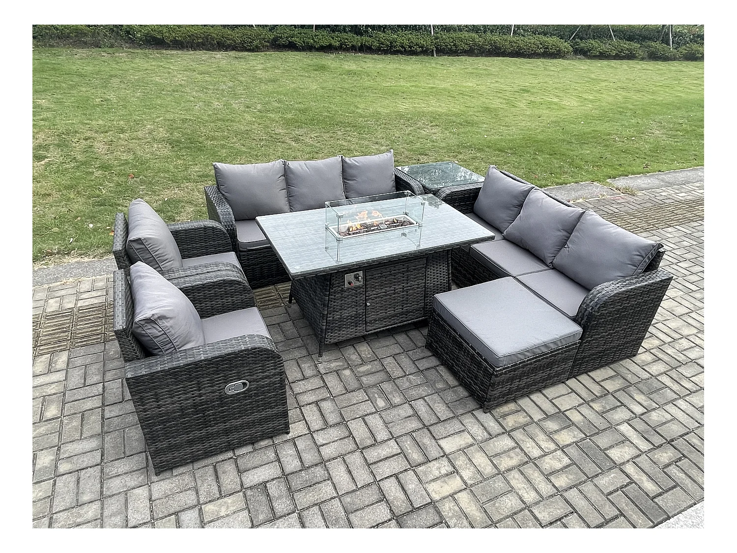 Polyrattan Gartenmöbel Set Garten Sofa im Freien Gasfeuerstelle Esstisch und Sofa set mit Sessel Beistelltisch 2 Großer Hockern