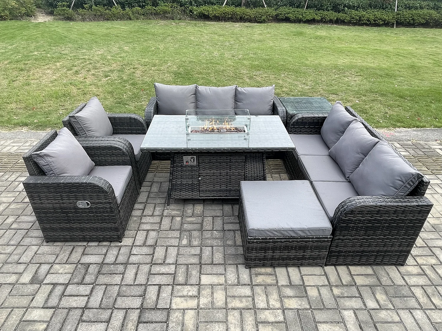 Polyrattan Gartenmöbel Set Garten Sofa im Freien Gasfeuerstelle Esstisch und Sofa set mit Sessel Beistelltisch 2 Großer Hockern
