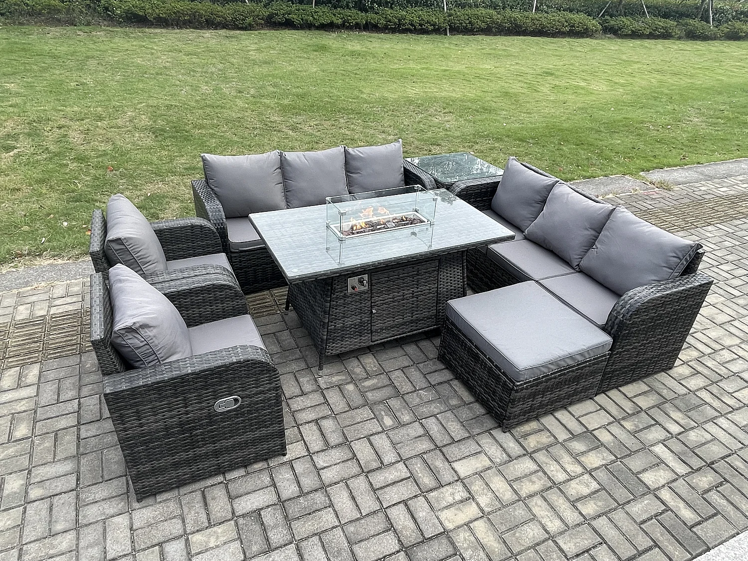 Polyrattan Gartenmöbel Set Garten Sofa im Freien Gasfeuerstelle Esstisch und Sofa set mit Sessel Beistelltisch 2 Großer Hockern