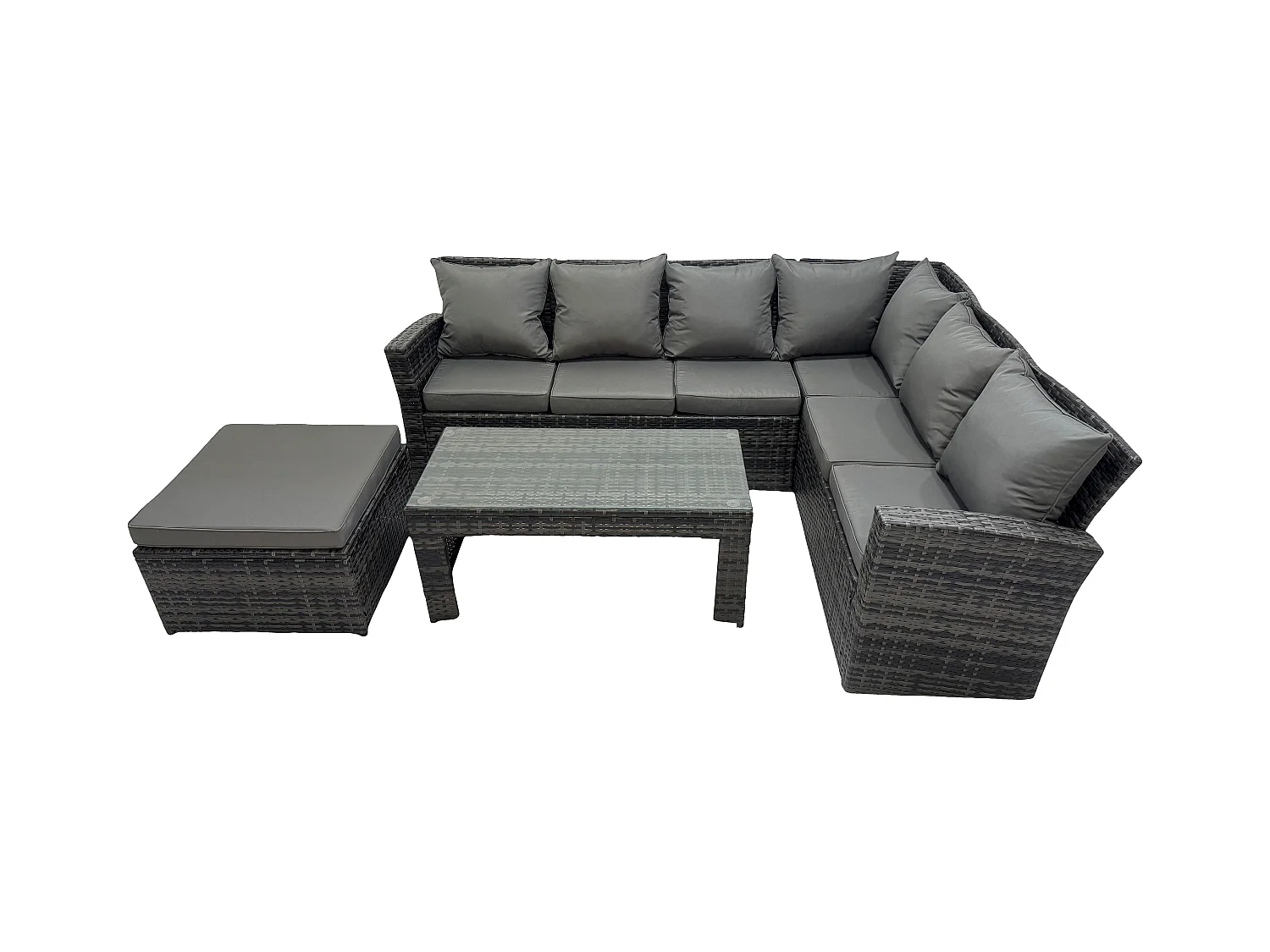 Polyrattan Ecksofa Gartenmöbel Set mit 2 Großer Hockern Rechteckiger Couchtisch mit Kissen Dunkelgrau Gemischt