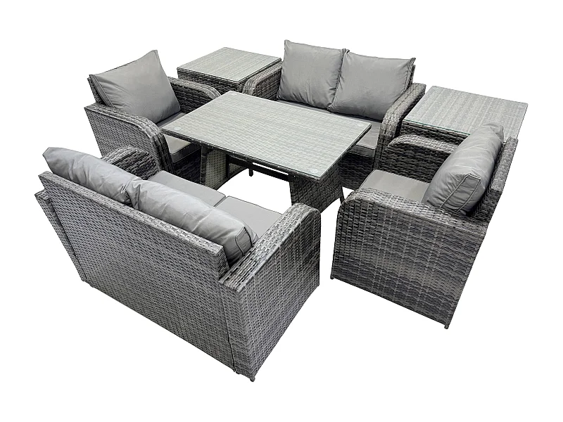 Ensemble de canapé en rotin extérieur avec Table à manger rectangulaire 2 Tables d'appoint Gris foncé mixte