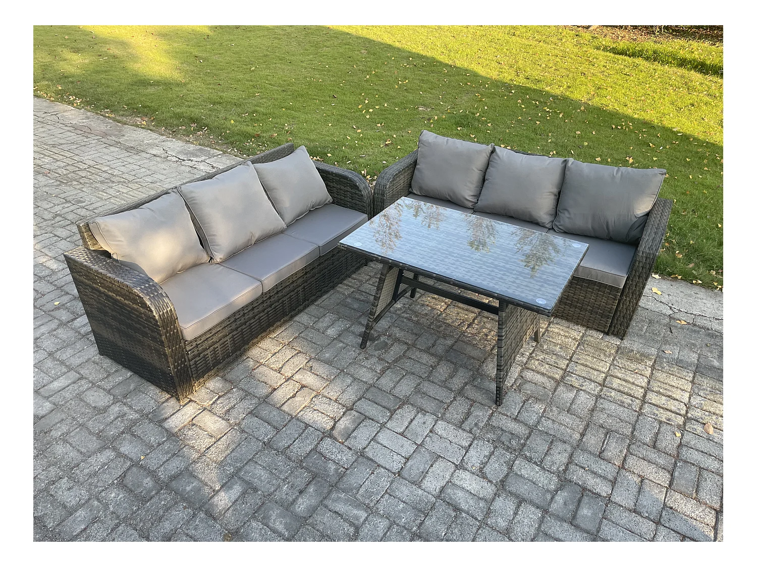 6 places Garden Furniture Canapé Set Table à manger rectangulaire Intérieur Extérieur Rattan Set Gris foncé mixte