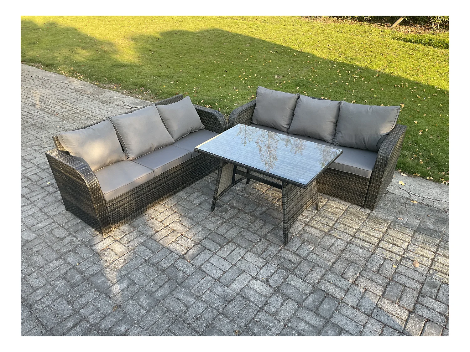 6 places Garden Furniture Canapé Set Table à manger rectangulaire Intérieur Extérieur Rattan Set Gris foncé mixte