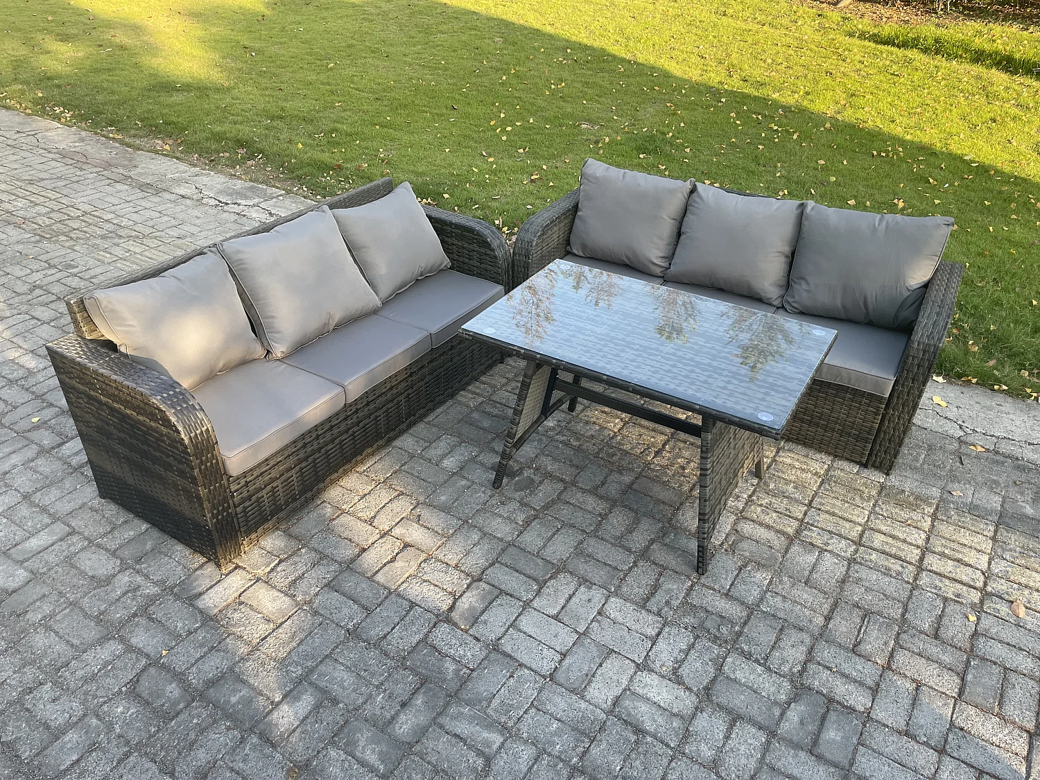 6-Sitzer Gartenmöbel Sofa Set Rechteckiger Esstisch Rattansofa-Set Dunkelgrau Gemischt