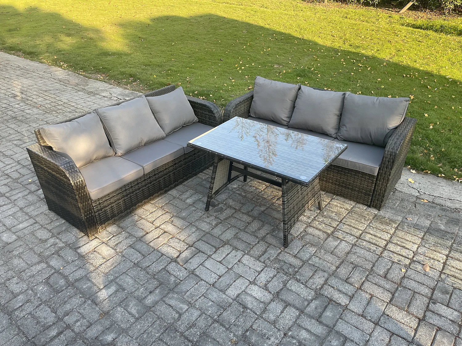 6-Sitzer Gartenmöbel Sofa Set Rechteckiger Esstisch Rattansofa-Set Dunkelgrau Gemischt