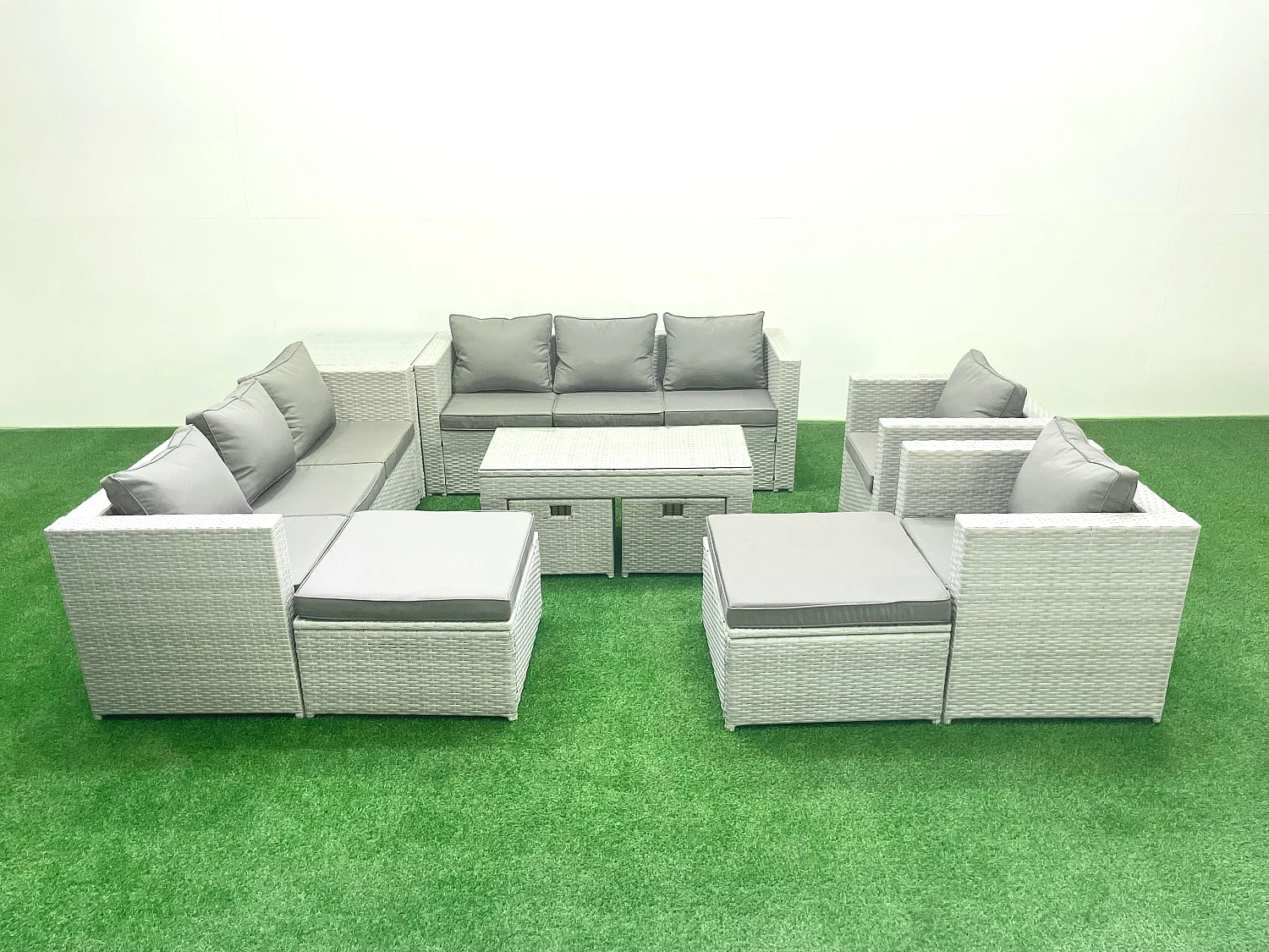 Polyrattan Gartensofa Set Couchtisch 4 Hockern Beistelltisch Hellgrau gemischt