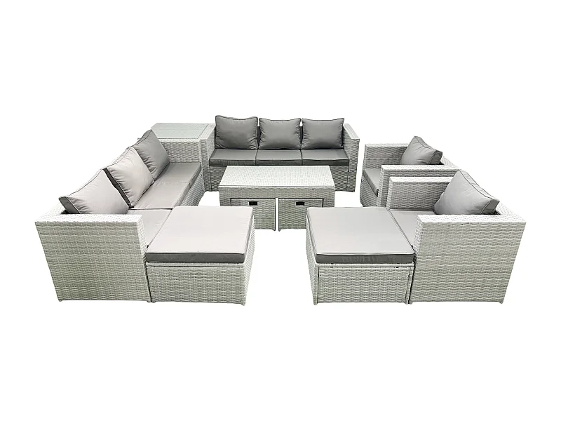 Polyrattan Gartensofa Set Couchtisch 4 Hockern Beistelltisch Hellgrau gemischt