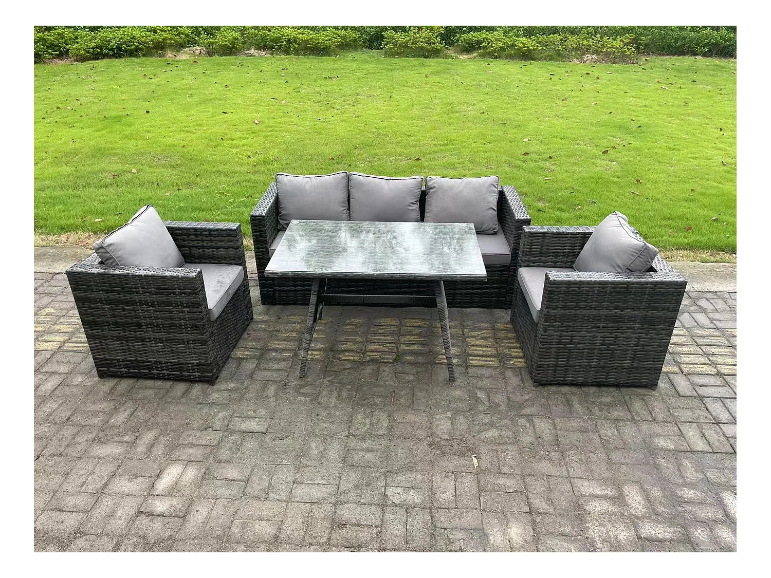 Gartenmöbel Lounge Sofa Set mit Lounge Sofa Rechteckiger Esstisch 2 Sesseln Dunkelgrau Gemischt