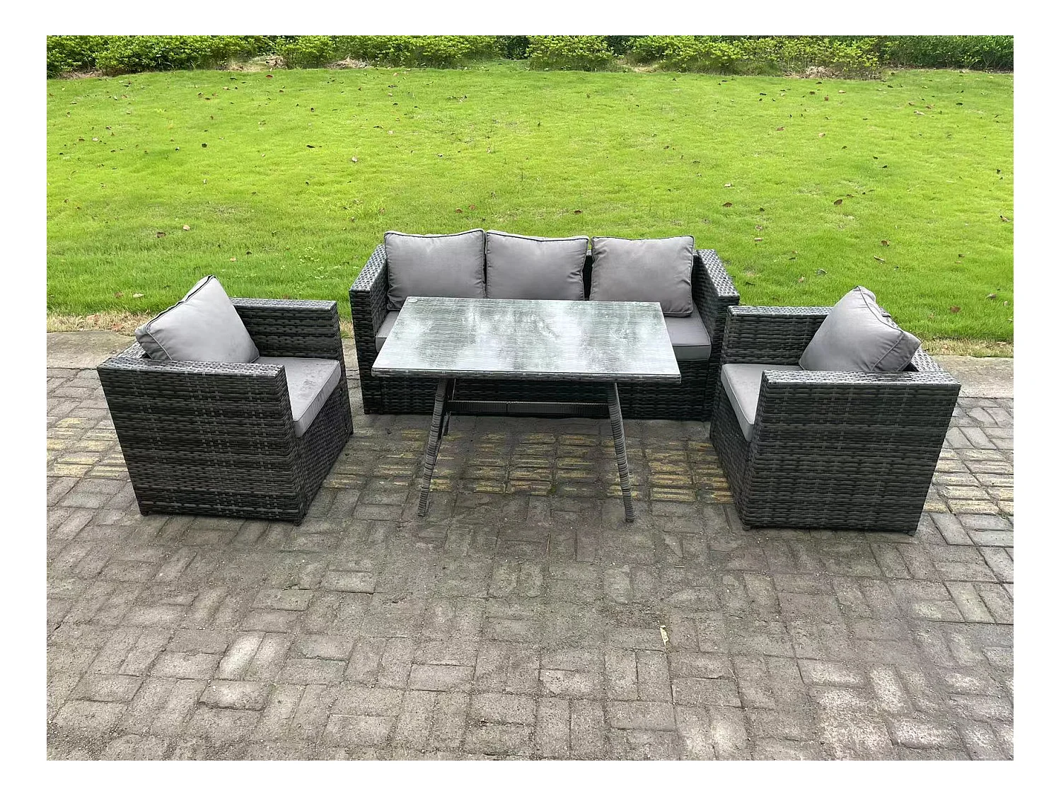 Gartenmöbel Lounge Sofa Set mit Lounge Sofa Rechteckiger Esstisch 2 Sesseln Dunkelgrau Gemischt