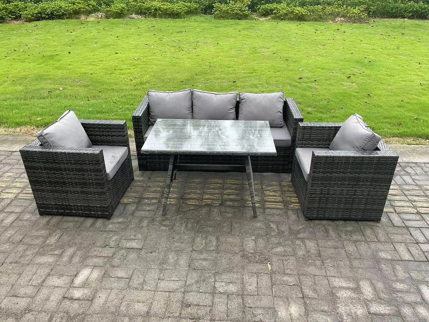 Ensemble Repas de Jardin Exterieur avec Canapé Table à manger oblongue 2 Fauteuil Gris foncé mixte