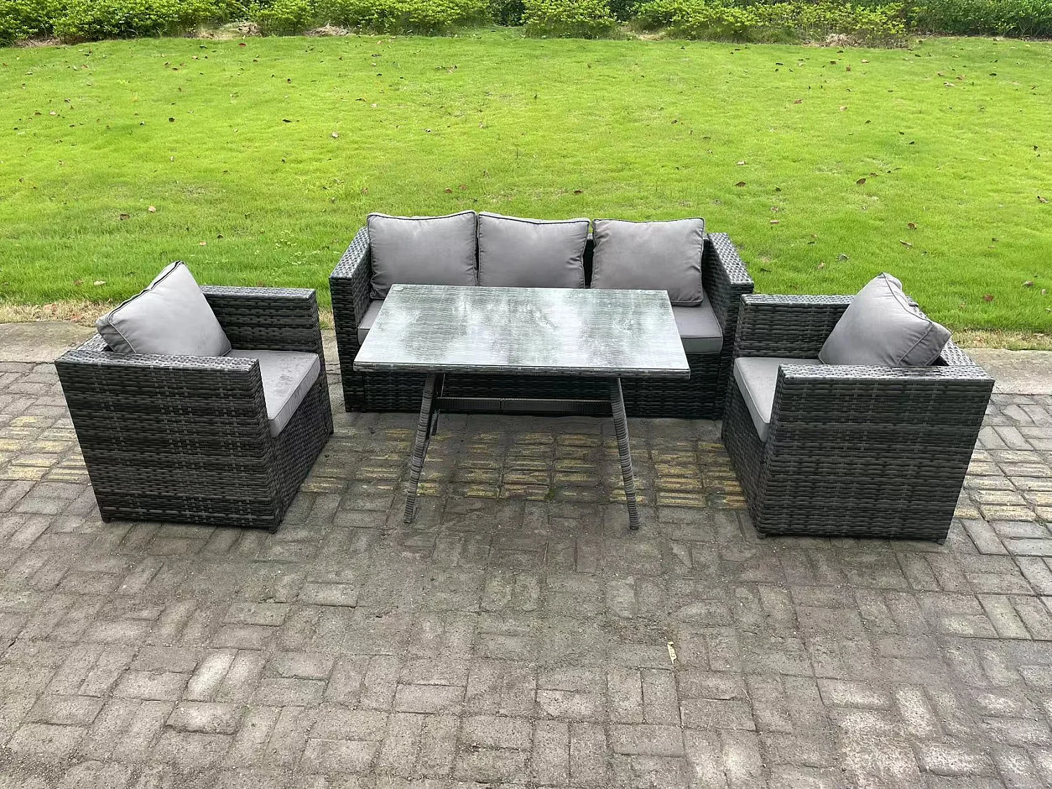 Ensemble Repas de Jardin Exterieur avec Canapé Table à manger oblongue 2 Fauteuil Gris foncé mixte