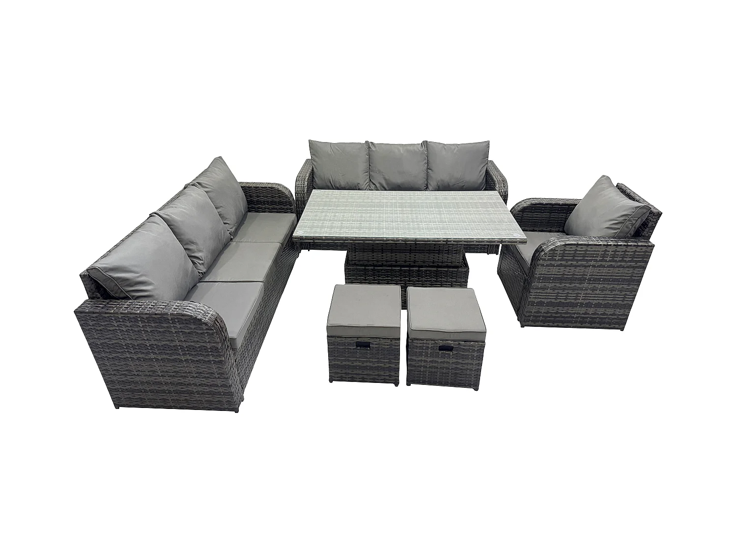 Salon de jardin Table à manger réglable en hauteur Canapé avec Chaise inclinable 2 Petits tabourets Gris foncé mixte