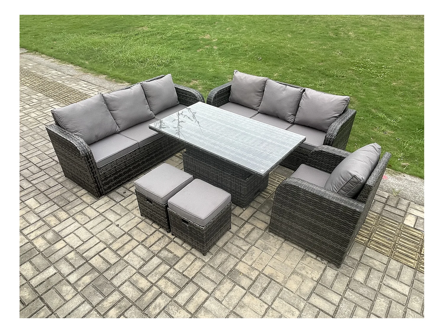 Salon de jardin Table à manger réglable en hauteur Canapé avec Chaise inclinable 2 Petits tabourets Gris foncé mixte