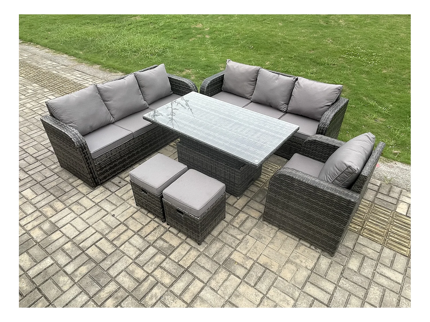 Salon de jardin Table à manger réglable en hauteur Canapé avec Chaise inclinable 2 Petits tabourets Gris foncé mixte