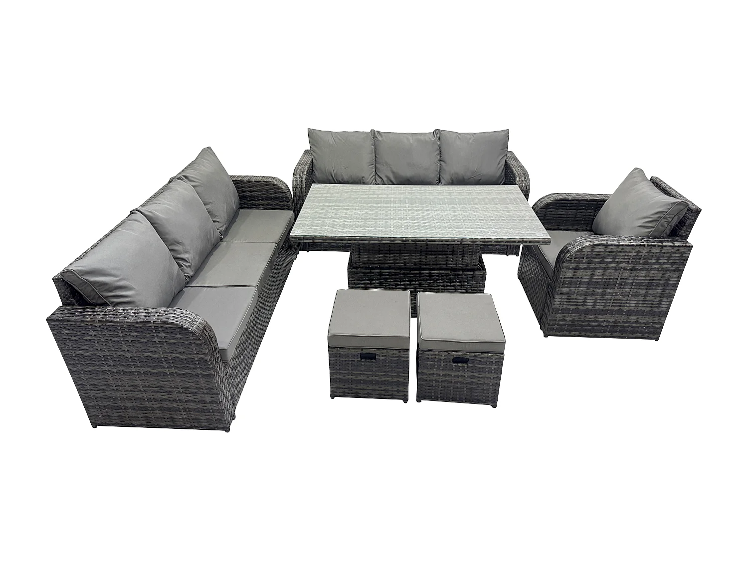 Outdoor Polyrattan Gartenmöbel Sets höhenverstellbarer Tisch Sofa Set mit Liegestühle 2 kleinen Hockern Dunkelgrau Gemischt