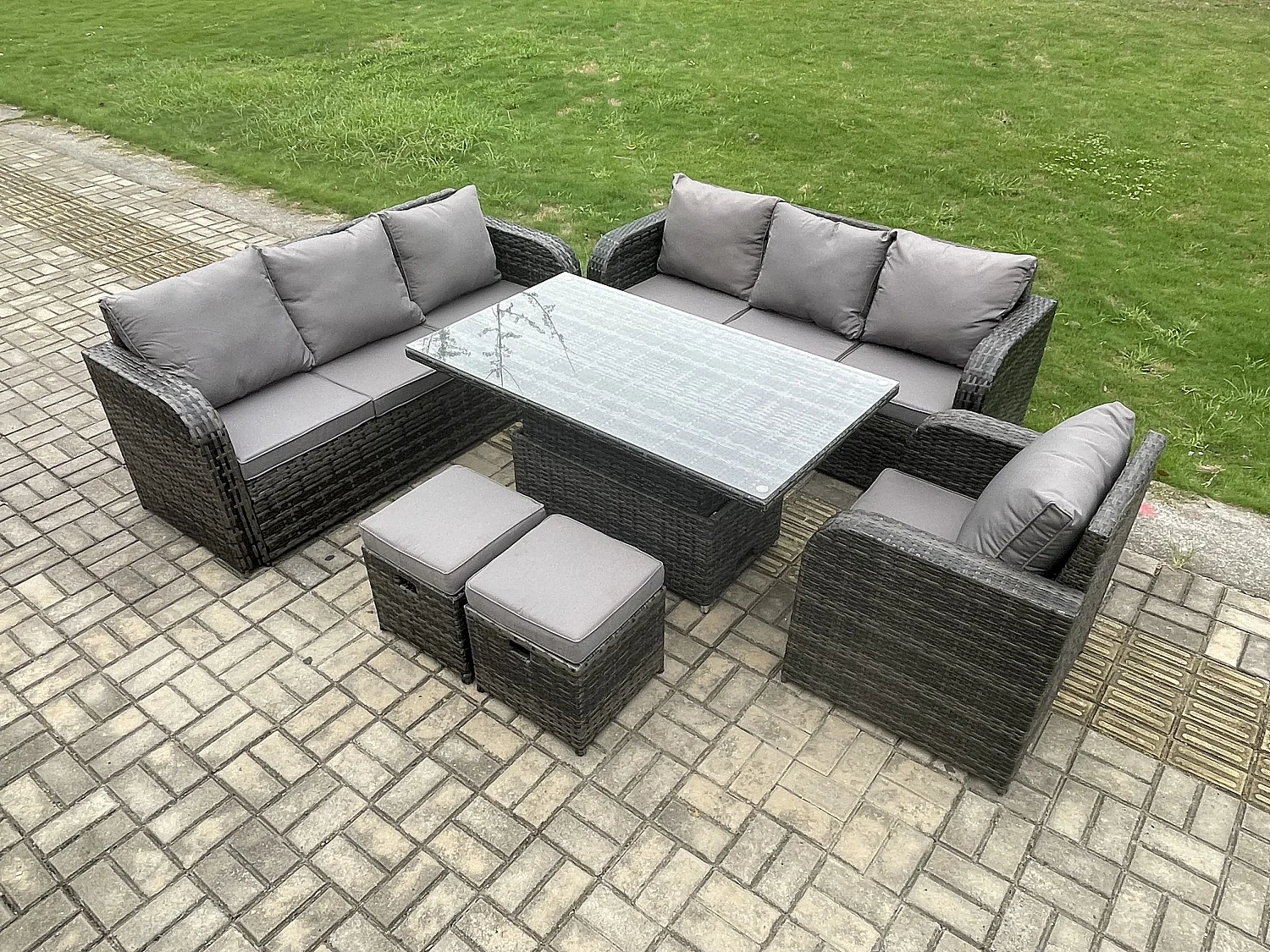 Outdoor Polyrattan Gartenmöbel Sets höhenverstellbarer Tisch Sofa Set mit Liegestühle 2 kleinen Hockern Dunkelgrau Gemischt