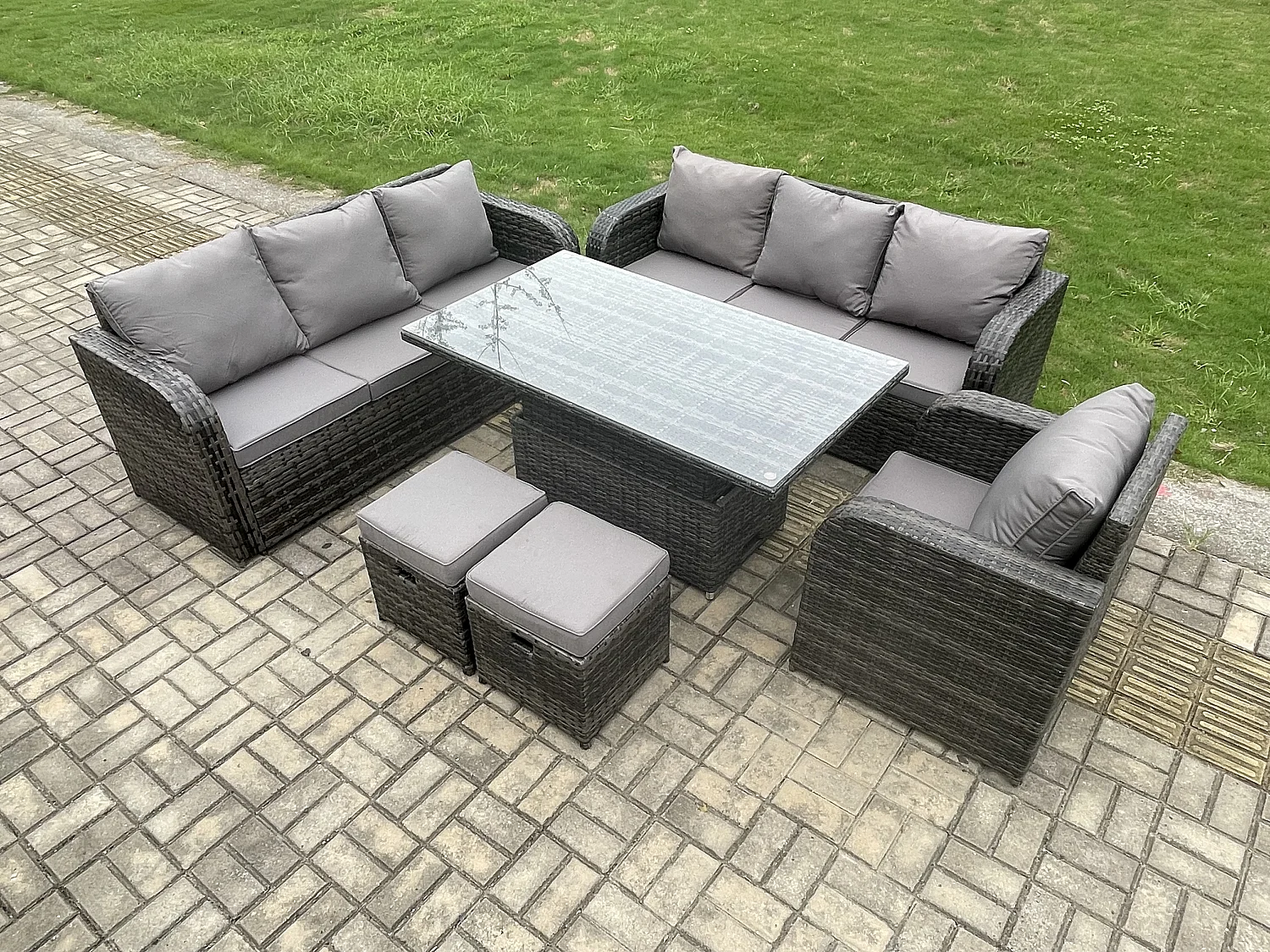 Outdoor Polyrattan Gartenmöbel Sets höhenverstellbarer Tisch Sofa Set mit Liegestühle 2 kleinen Hockern Dunkelgrau Gemischt