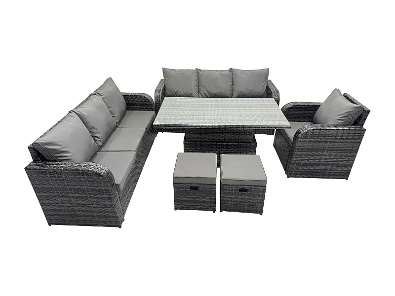 Outdoor Polyrattan Gartenmöbel Sets höhenverstellbarer Tisch Sofa Set mit Liegestühle 2 kleinen Hockern Dunkelgrau Gemischt