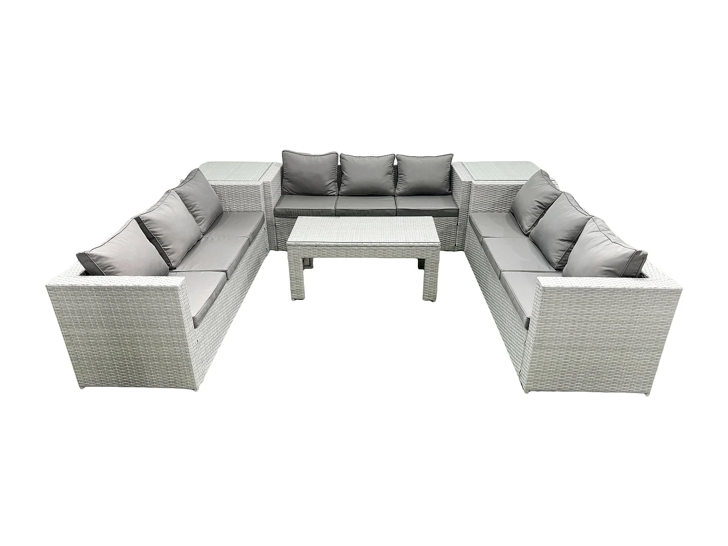 Gartenmöbel im Freien Polyrattan 9-Sitzer Garten Sofa Rechteckiger Couchtisch Set mit 2 Beistelltischen Hellgrau gemischt