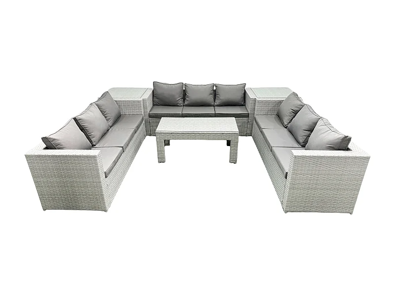 Gartenmöbel im Freien Polyrattan 9-Sitzer Garten Sofa Rechteckiger Couchtisch Set mit 2 Beistelltischen Hellgrau gemischt