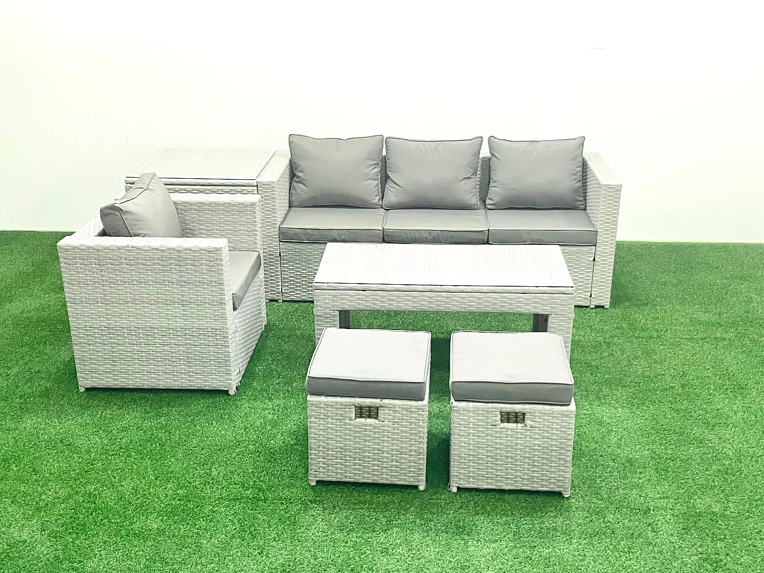 Polyrattan Gartensofa Set Couchtisch 2 kleine Fußhockern Hellgrau gemischt 6-Sitzer