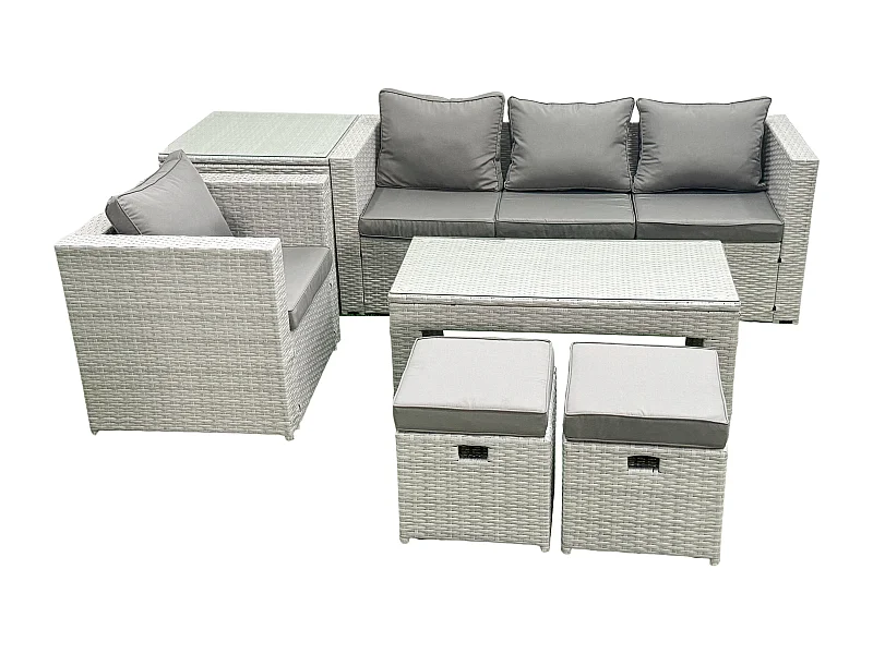 Polyrattan Gartensofa Set Couchtisch 2 kleine Fußhockern Hellgrau gemischt 6-Sitzer