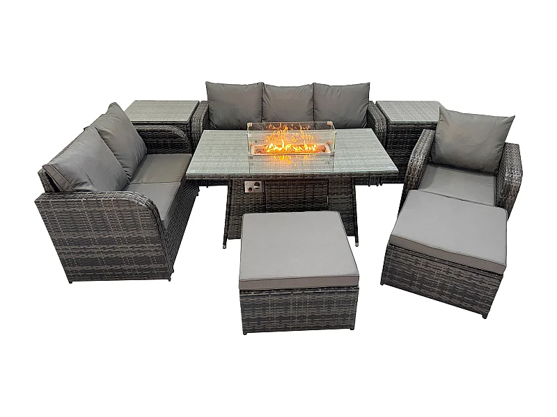 Ensemble Salon de Jardin Extérieur en polyrotin Table de foyer à gaz et Canapé Fauteuil avec 2 Tables d'appoint 2 Grand tabourets