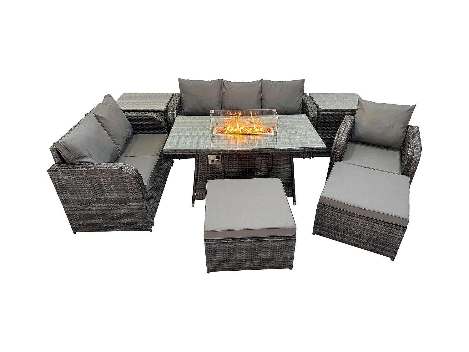 Ensemble Salon de Jardin Extérieur en polyrotin Table de foyer à gaz et Canapé Fauteuil avec 2 Tables d'appoint 2 Grand tabourets