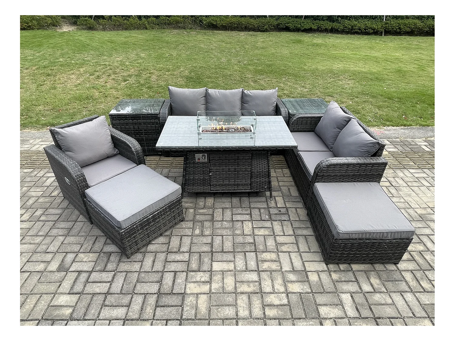 Ensemble Salon de Jardin Extérieur en polyrotin Table de foyer à gaz et Canapé Fauteuil avec 2 Tables d'appoint 2 Grand tabourets