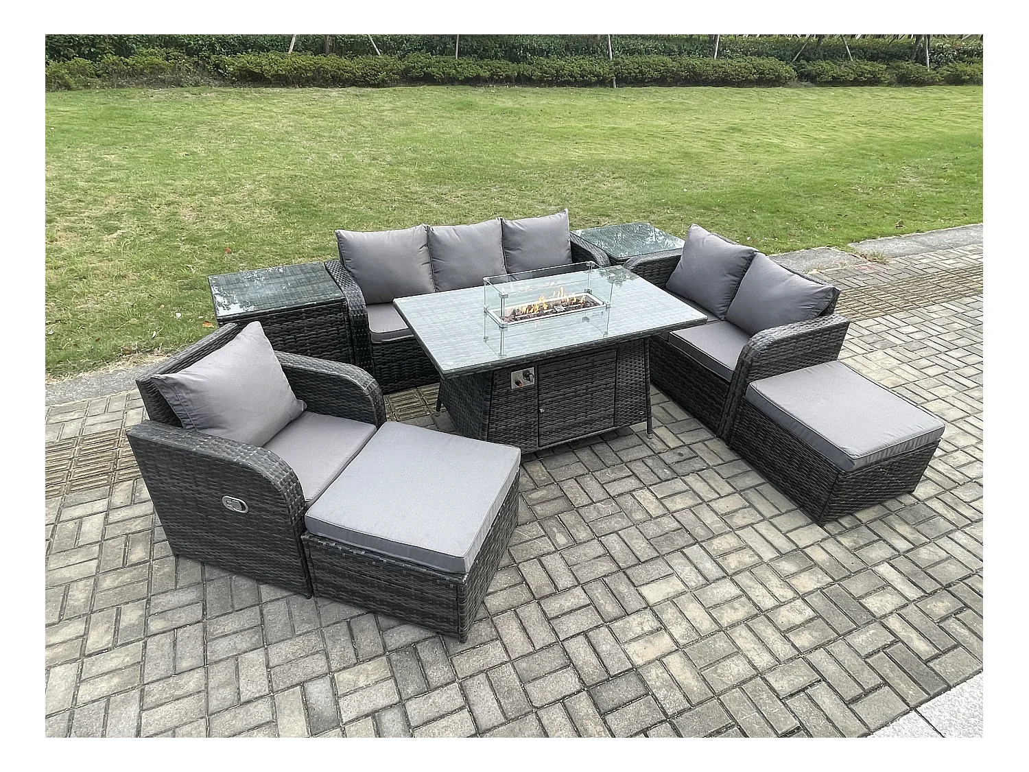 Ensemble Salon de Jardin Extérieur en polyrotin Table de foyer à gaz et Canapé Fauteuil avec 2 Tables d'appoint 2 Grand tabourets