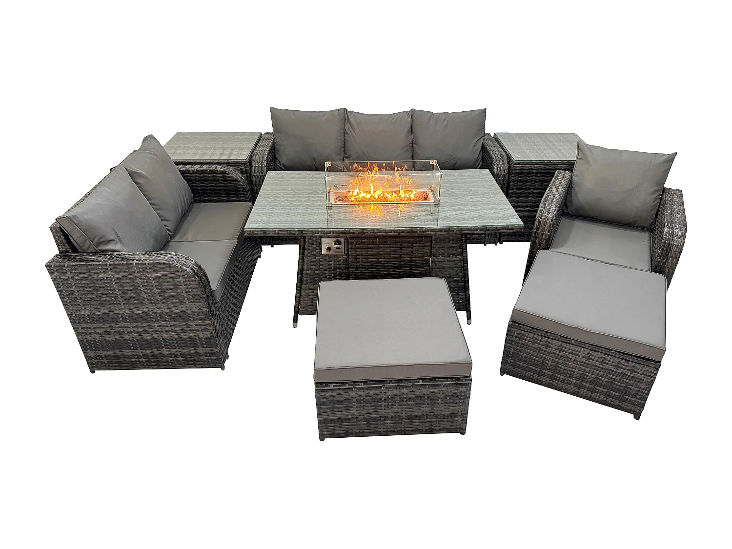 Polyrattan Gartenmöbel Set Garten Sofa im Freien Gasfeuerstelle Esstisch und Sofa Sessel set mit 2 Beistelltischen 2 hohen Hockern