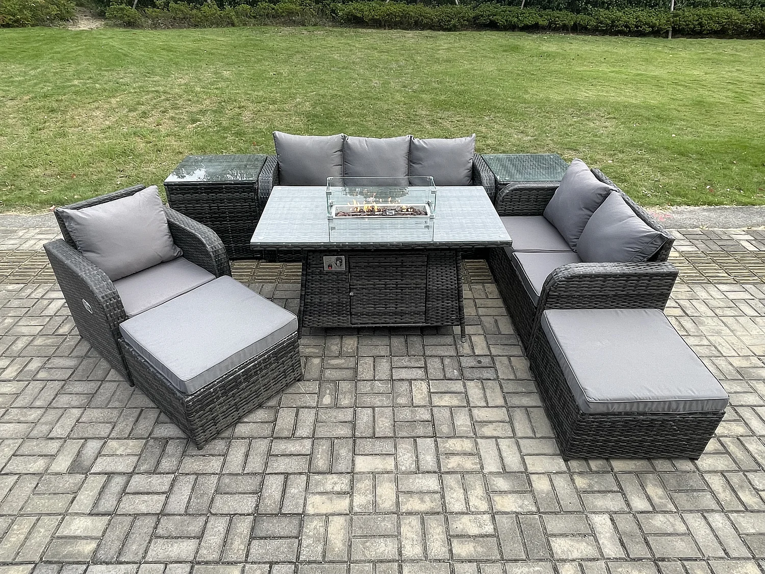 Polyrattan Gartenmöbel Set Garten Sofa im Freien Gasfeuerstelle Esstisch und Sofa Sessel set mit 2 Beistelltischen 2 hohen Hockern