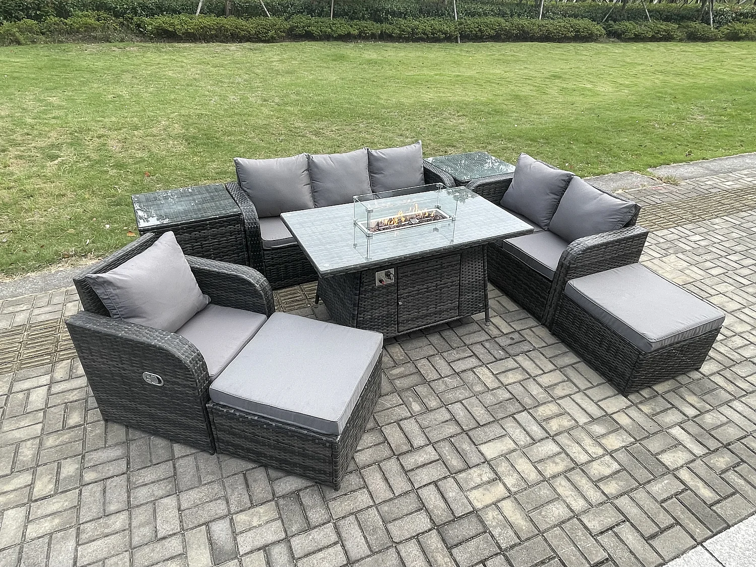 Polyrattan Gartenmöbel Set Garten Sofa im Freien Gasfeuerstelle Esstisch und Sofa Sessel set mit 2 Beistelltischen 2 hohen Hockern