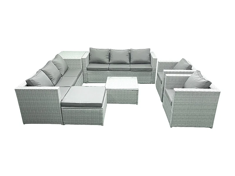 Rattan Sofa Gartenmöbel Set mit 2 Sesseln Quadratischer Couchtisch 2 Großer Hockern Beistelltisch Hellgrau gemischt