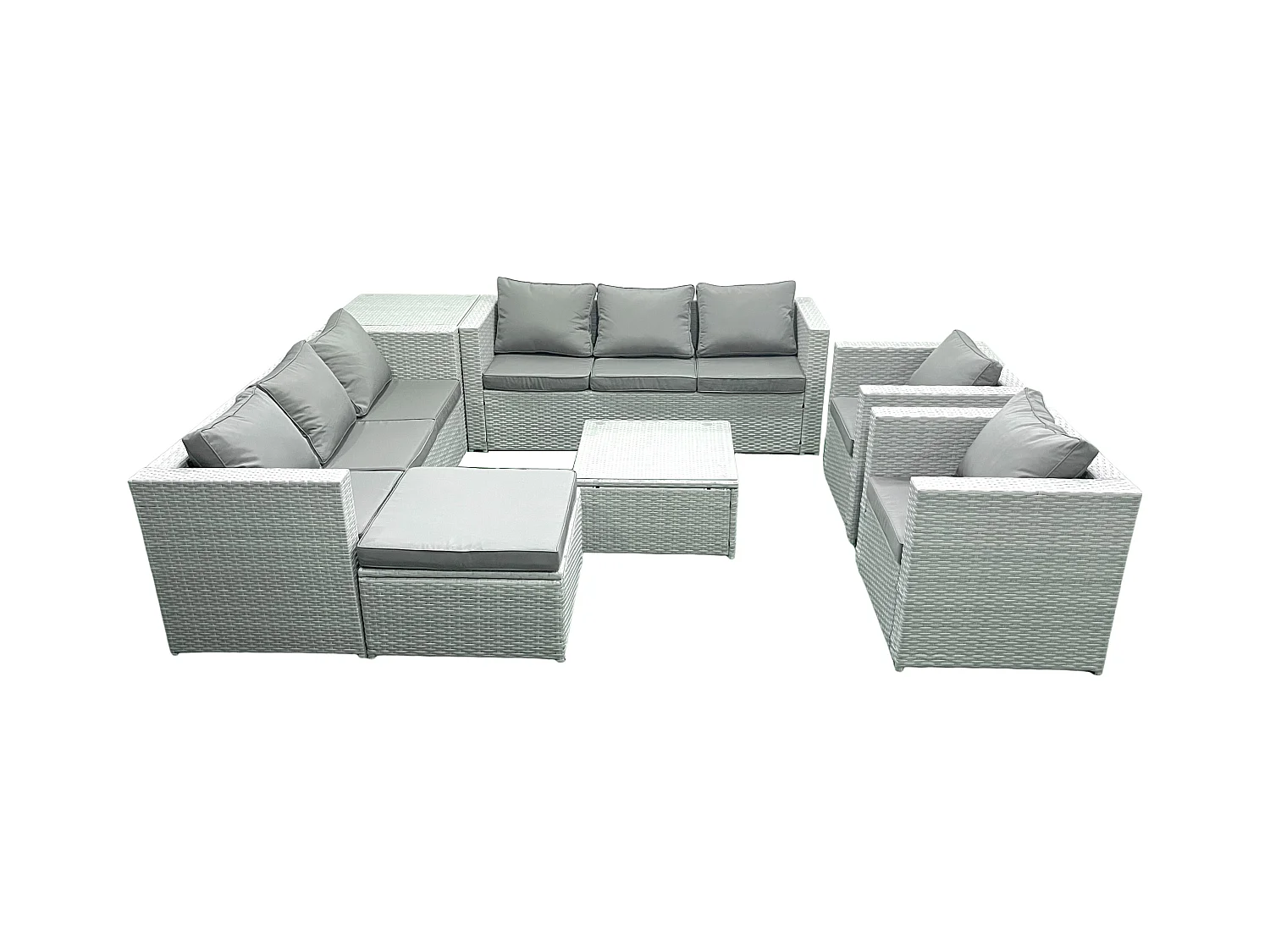Rattan Sofa Gartenmöbel Set mit 2 Sesseln Quadratischer Couchtisch 2 Großer Hockern Beistelltisch Hellgrau gemischt
