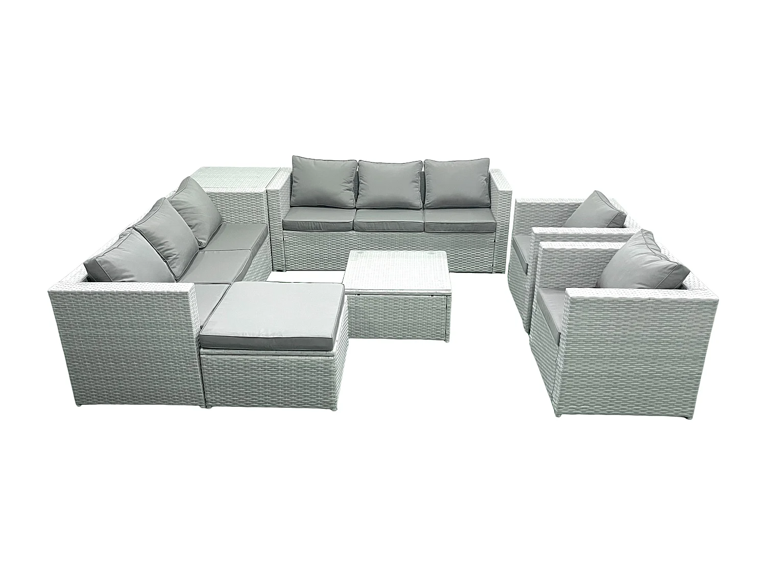 Rattan Sofa Gartenmöbel Set mit 2 Sesseln Quadratischer Couchtisch 2 Großer Hockern Beistelltisch Hellgrau gemischt