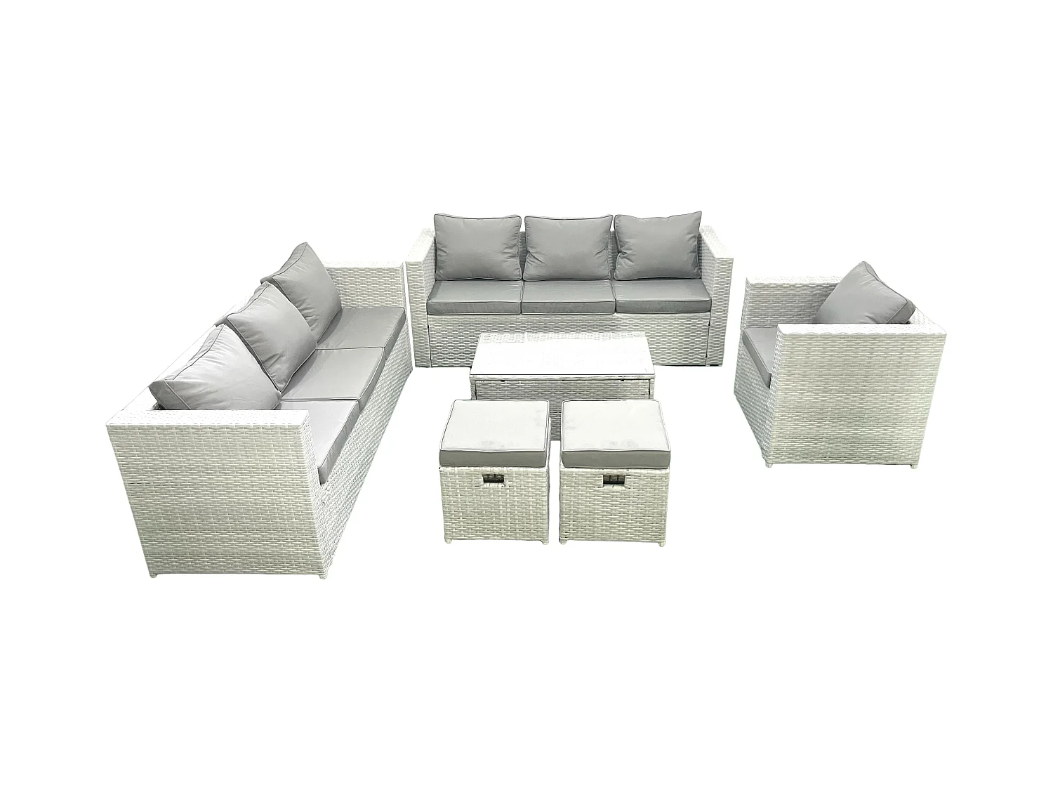 Meubles d'extérieur en rotin avec Fauteuil Table basse oblongue 2 Petits tabourets Gris clair mixte