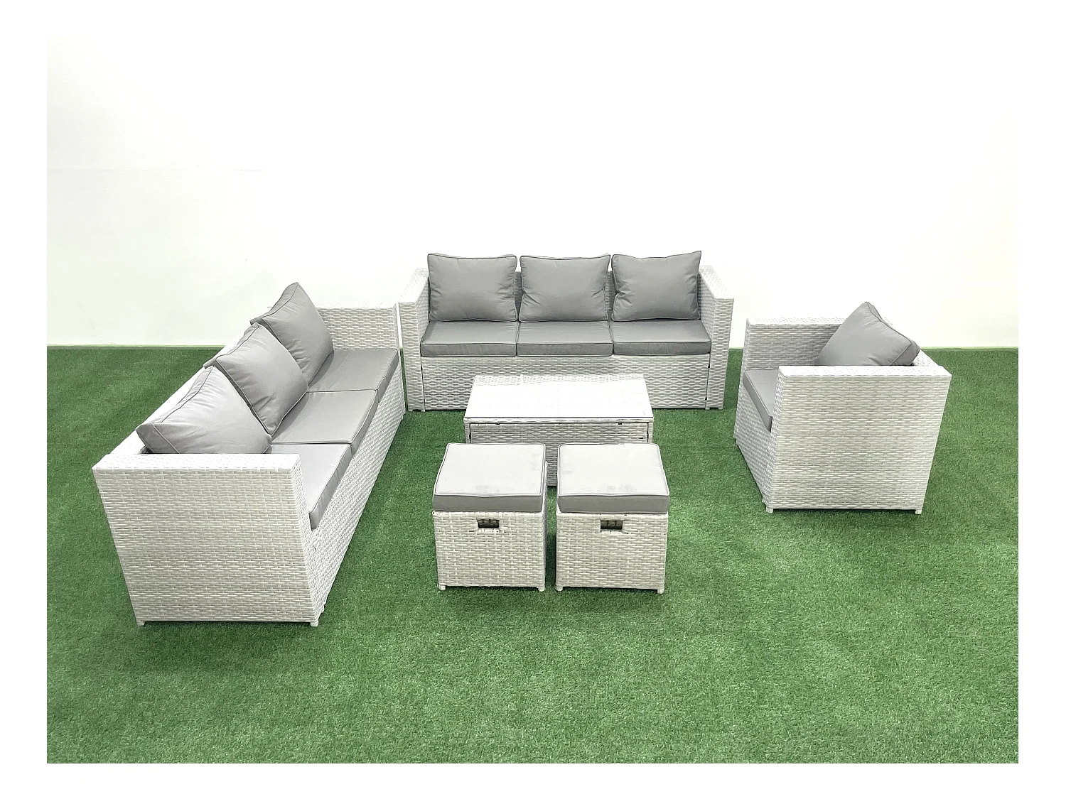 Meubles d'extérieur en rotin avec Fauteuil Table basse oblongue 2 Petits tabourets Gris clair mixte