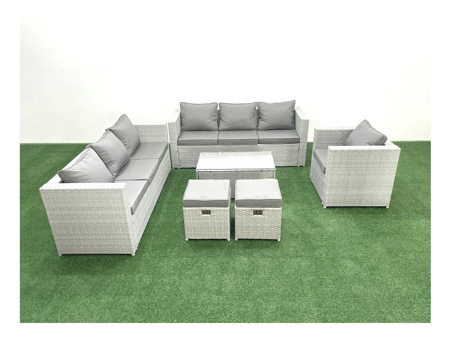 Meubles d'extérieur en rotin avec Fauteuil Table basse oblongue 2 Petits tabourets Gris clair mixte