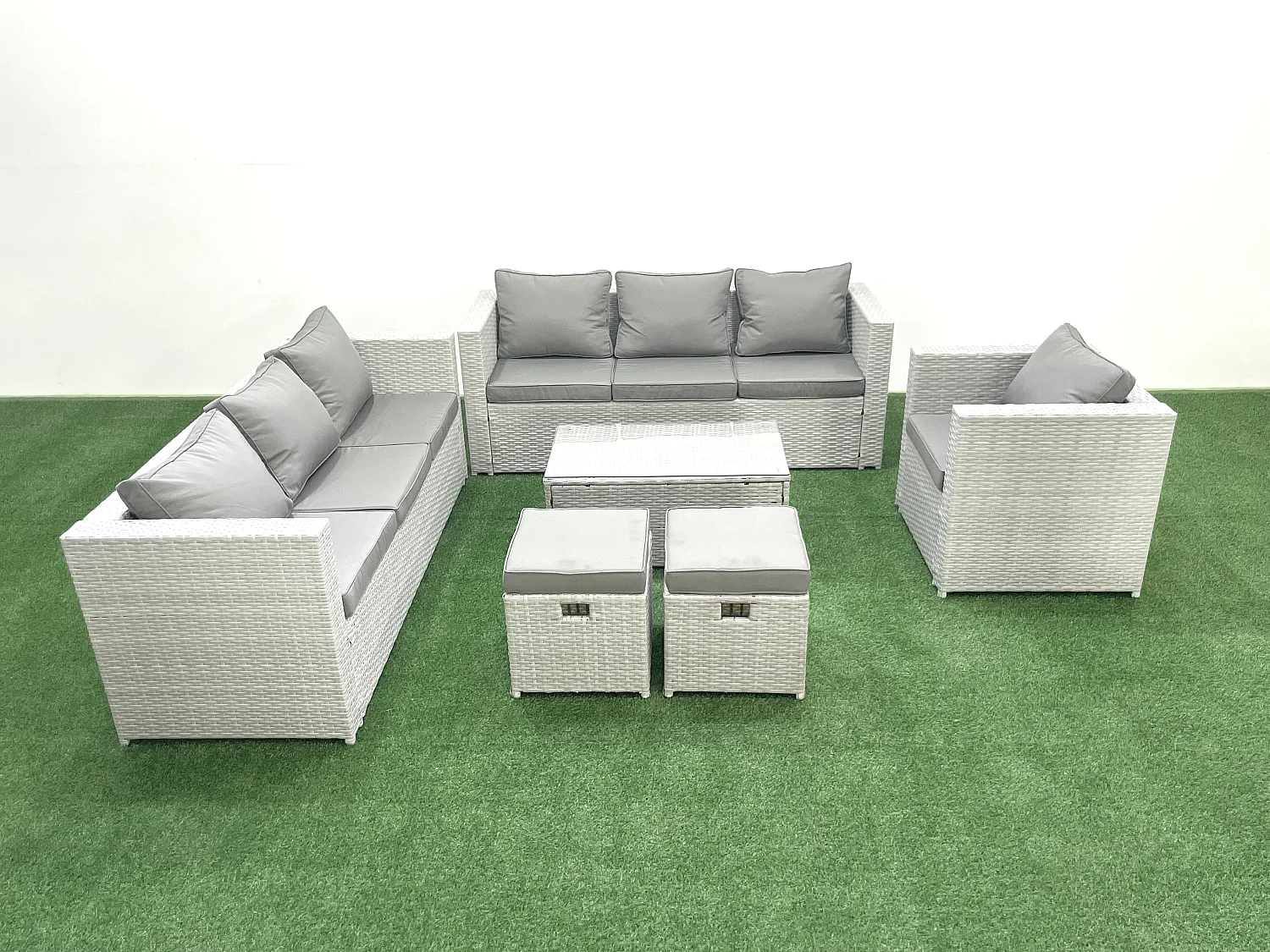 Meubles d'extérieur en rotin avec Fauteuil Table basse oblongue 2 Petits tabourets Gris clair mixte