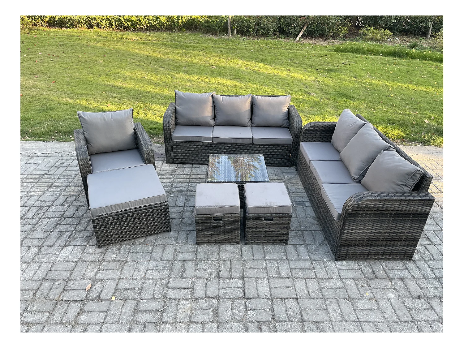 Polyrattan Gartenmöbelset Garten Sofa Couchtisch Set mit Liegestühle 3 Hockern Dunkelgrau Gemischt